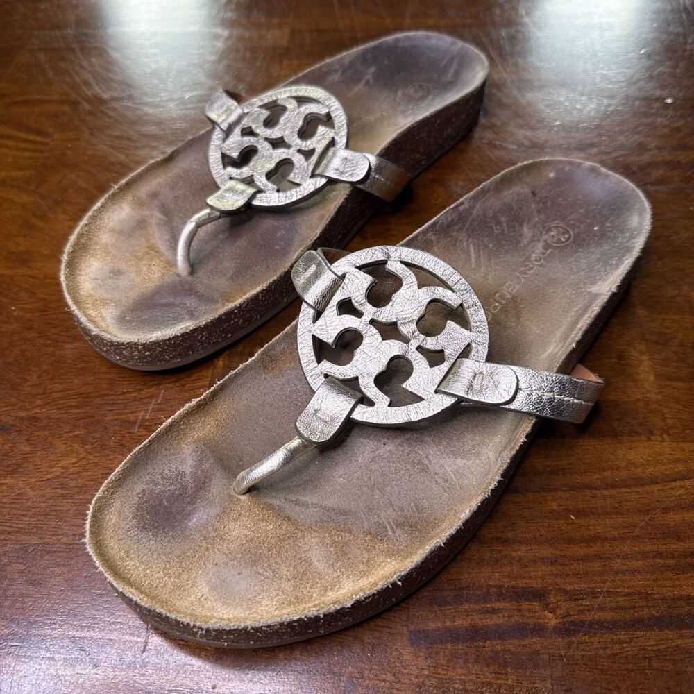 Tory Burch Miller Cloud Leather Thong Sandals Gold Size 9 Metallic Flip Flop